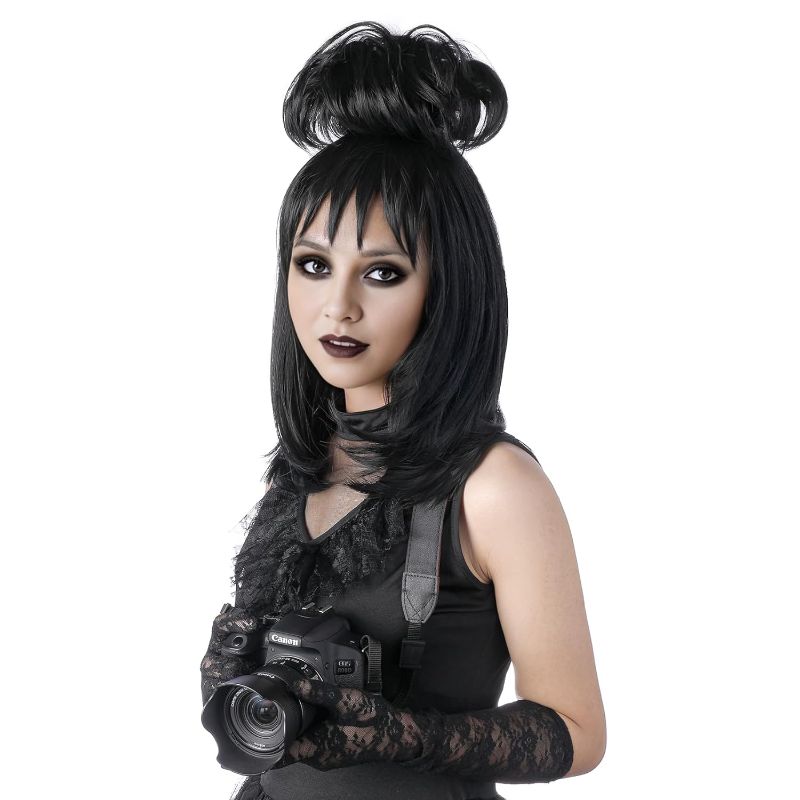 Photo 1 of Lydia Deetz Cosplay Costume Party Wig Bride Fluffy Buns curly Women's Black Medium Long straight Beetle Wig with bangs Halloween Costume Accessories (Black/Lydia)

