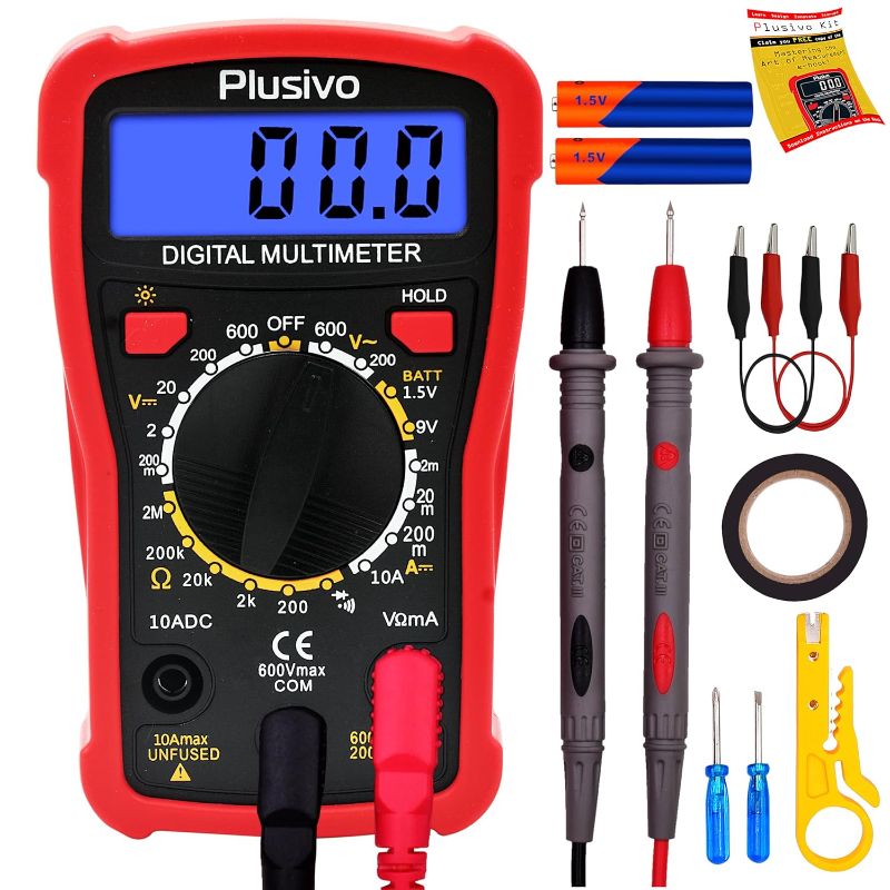 Photo 1 of Plusivo Digital Multimeter Tester 2000 Counts AC DC Voltmeter Ohm Volt Amp Multi Meter Measures Voltage, Resistance, Current, Continuity, Tests Battery and Diode with Test Probes for Electricians
