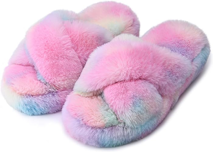 Photo 1 of DL Fluffy Womens House Slippers Cross Band Open Toe, Soft Plush Fleece Bedroom Slippers Women Memory Foam, Comfy Fuzzy Slip On Non-Slip Womens Slippers Indoor Pink Gray Black White SIZE US 7-8
