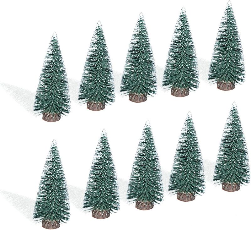 Photo 1 of 10pcs 4inch Mini Christmas Tree Bottle Brush Trees Chrismas Village Trees Ornaments Mini Plastic Christmas Trees with Wooden Base for Christmas Decoration Miniature Chrismas Tree
