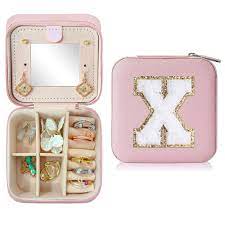 Photo 1 of GemInitials Travel Jewelry Case with Initial Letter Patch, Small Jewelry Organizer Box with Mirror for Rings, Necklace, Earring Holder - Perfect Travel Accessories for Women Pink-S