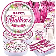 Photo 1 of PAMMYAN Happy Mothers Day Party Supplies Tableware Set - 25 Set Floral Flowers Disposable Dinnerware