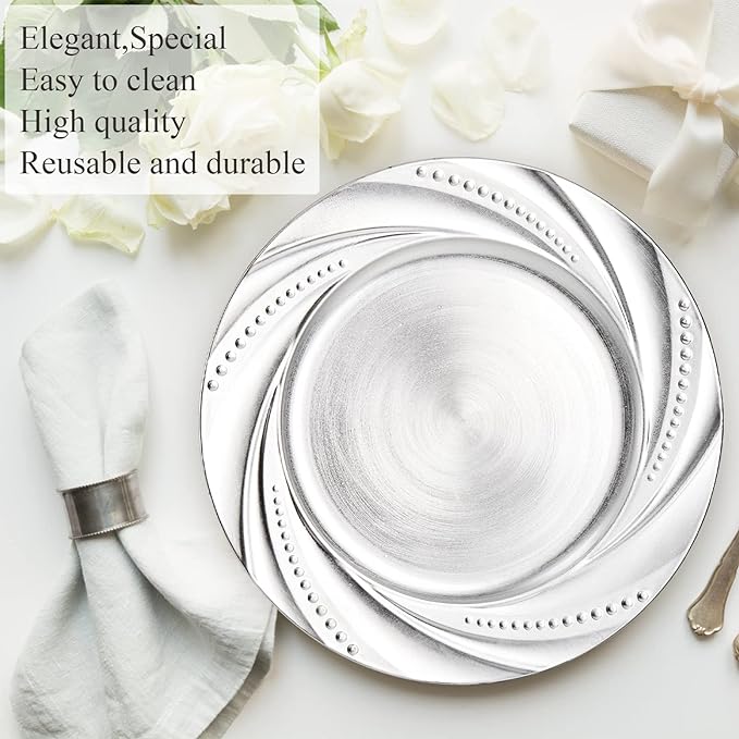 Photo 1 of ZENFUN 2 Pack 13 inch Silver Charger Plates, Plastic Plate Chargers for Dinner Plates