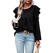 Photo 1 of Size M--KAYWIDE Women's Casual Loose Tops Round Neck Long Sleeve Pullover Blouse Shirts Solid Color Tunics Blouse(2031 Black-M)