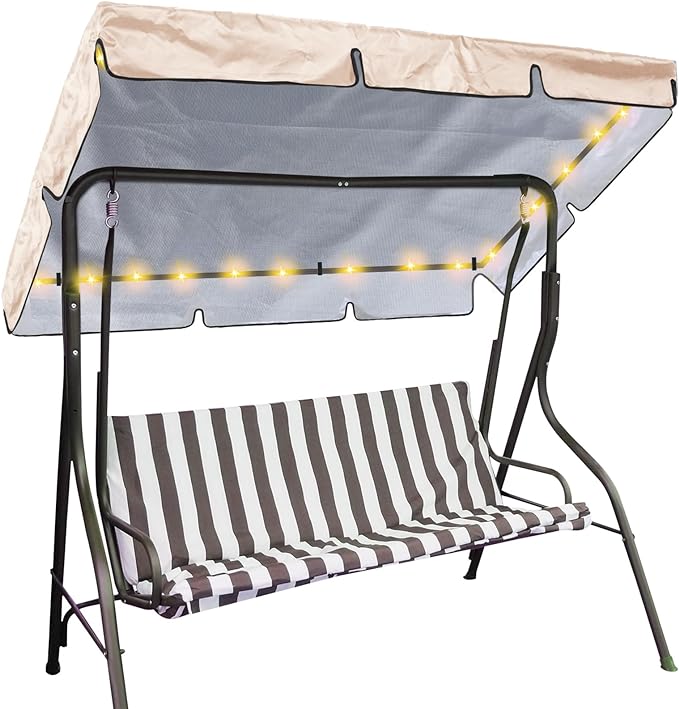 Photo 1 of LED Lighted Porch Swing Canopy Replacement Waterproof Swing Top Cover LED Swing Canopy Replacement Canopy Sun Shade Awning Cover Outdoor Patio Swing Canopy (Beige, 77 x 49 Inch)