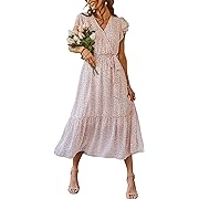 Photo 1 of Size S---PRETTYGARDEN Women's 2024 Floral Boho Dress Wrap V Neck Short Sleeve Belted Ruffle Hem A-Line Flowy Maxi Dresses (Pink,Small)