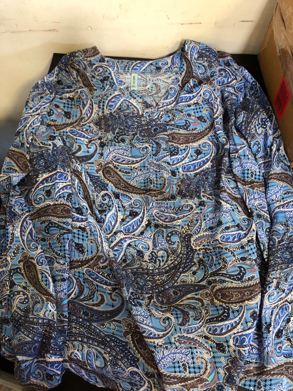 Photo 1 of Size 2XL---Women's  Paisley Printed Long Sleeve Henley V Neck Shirts Pleated Tunic Blouse Tops
