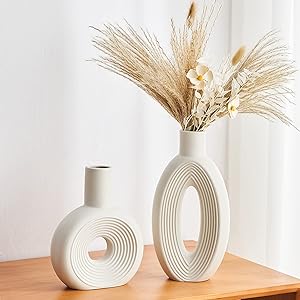 Photo 1 of White Ceramic Modern Vases: Small and Large Ribbed Vase Set of 2 for Home Decor Boho Style Vase for Living Room Shelf Fireplace Centerpiece for Table (White)