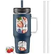 Photo 1 of 32 oz Glass Tumbler with Lid and Straw, Glass Water Tumbler with Soft Silicone Straw, Threaded Lid, Glass Water Bottle with Handle Time Marker BPA Free - Dark Blue