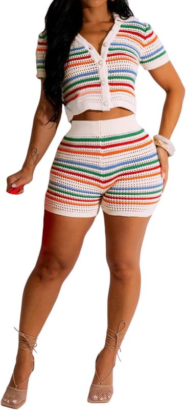 Photo 1 of Size S---Short Sets Women 2 Piece Outfits Knit Color Block Short Sleeve Button Down Shirt and Shorts Set Y2K Streetwea