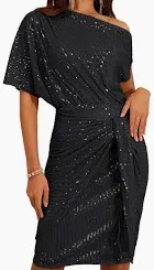 Photo 1 of Size XL--GRACE KARIN Women's Sequin Sparkly Glitter Party Club Dress One Shoulder Ruched Cocktail Bodycon Dress