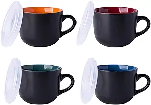 Photo 1 of Ceramic Soup Mugs with Lid, 24 oz Soup Cups with Hanlde for Coffee,Cereal,Salad,Noodles,Tea,Soup Bowls Cups,Microwave &Dishwasher Safe, Set of 4, Multi-color with Vented lid