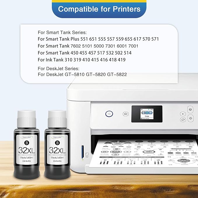 Photo 1 of 31 32XL Black Ink Bottles Set Compatible Replacement for HP 31 32XL Compatible for HP Smart-Tank 7301 7602 5101 7001 6001 ink refill, Smart-Tank Plus 651 551 455 457 450 All-in-One Printer 2P