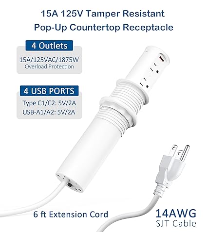 Photo 1 of Pop up Outlet for Countertop,2.5-inch Hole Desktop Power Grommet,Recessed Power Strip,20W USB C Fast Charging,4 Outlets 4 USB Ports,15Amp Tamper Resistant Receptacle,White