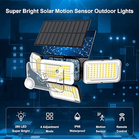 Photo 1 of Mokot Solar Outdoor Lights, IP65 Waterproof Motion Sensor Outdoor Lights with Remote Control, 4 Heads Solar Flood Wall Lights for Outside Yard