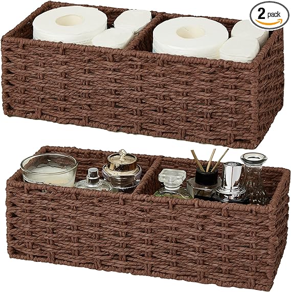 Photo 1 of Vagusicc 2-Section Wicker Storage Basket, Hand-Woven Paper Rope Wicker Baskets,Toilet Paper Basket for Toilet Tank Top, Small Wicker Baskets for Organizing, 2-Pack, Brown