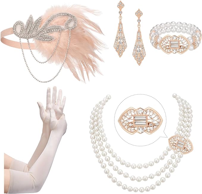 Photo 1 of SWEETV 1920s Flapper Accessories Set for Women, Roaring 20s Great Gatsby Headband Flapper Costume Accessories