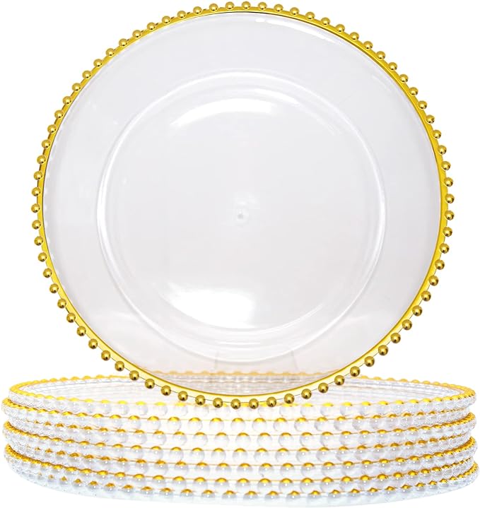 Photo 1 of Dualshine 16 Pcs Clear Charger Plates 13 Inch Plastic Gold Acrylic Bead Round Charger Plates Bulk Wedding Suitable for Party Dinner Event Table Decoration