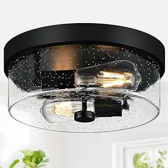 Photo 1 of Black Flush Mount Ceiling Light Fixtures, 2-Light Ceiling Mount for Farmhouse with Seeded Glass Lampshade, Industrial Flush Mount Light Fixture Farmhouse for Hallway, Kitchen, Entryway and Foyer