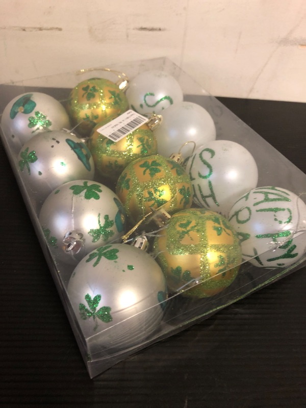 Photo 2 of 12 Pieces St Patrick Ornament Ball-St. Patrick's Shamrock Hanging Ball Ornament, Good Luck Clover Decoration Baubles for Tree Baubles Table Shelf Festival Decorations, 3 Styles