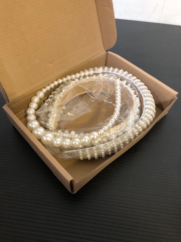 Photo 2 of 3 Pcs Pearl Headbands for Women White Bling Faux Pearl Rhinestones Hairbands Bridal Hair Hoop Wedding Hair Accessories for Women Girls Bridal Headband White Headband Elegant Wedding Headwear