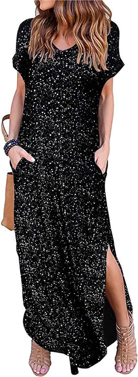 Photo 1 of Size XXL---HUSKARY Women's Summer Maxi Dress Casual Loose Pockets Long Dress Short Sleeve Split Maxi Dresses