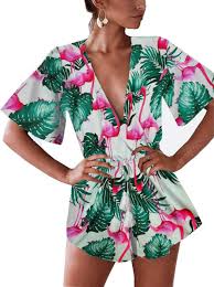 Photo 1 of Famulily Women's Plunge V Neck Romper Printed Summer Beach Shorts Jumpsuits Playsuit****unknown size but looks like L