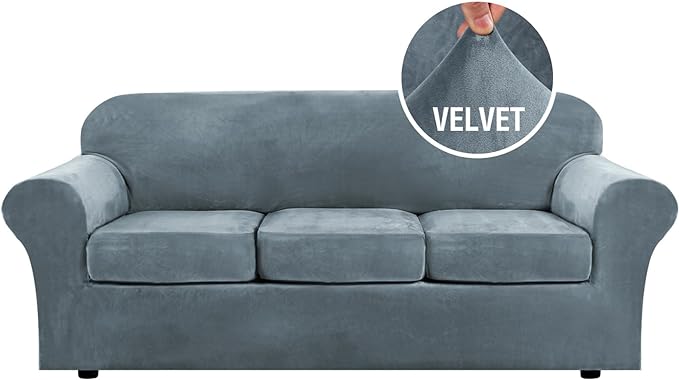 Photo 1 of H.VERSAILTEX Modern Velvet Plush 4 Piece High Stretch Sofa Slipcover Sofa Cover Furniture Protector Form Fit Luxury Thick Velvet Sofa Cover for 3 Cushion Couch Width Up to 90 Inch (Sofa,Stone Blue)