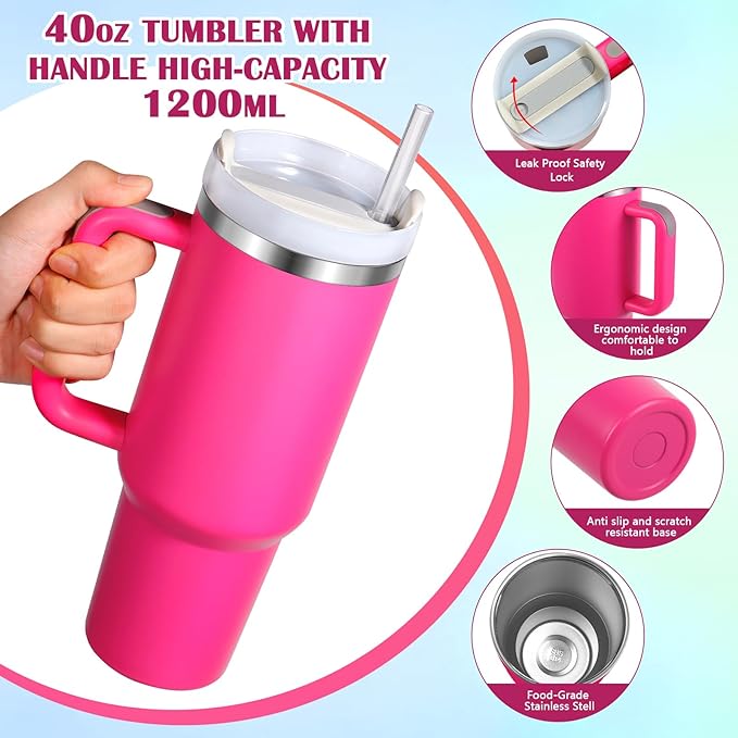 Photo 1 of Tumbler with Handle and Straw Lid Insulated Cup Reusable Stainless Steel Water Bottle Travel Mug Cupholder Friendly (Pink)