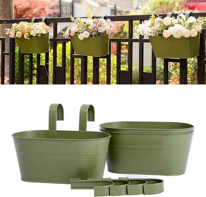 Photo 1 of 3 Pack Metal Hanging Flower Pots for Railing Fence?Outdoor Balcony Rail Planter with Detachable Hooks Drainage Holes for Deck Garden Home Decor Green