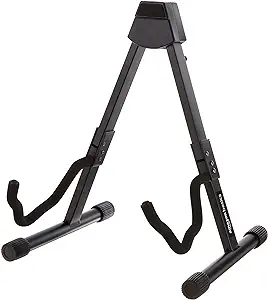Photo 1 of Amazon Basics Adjustable Guitar Folding A-Shape Frame Stand for Acoustic and Electric Guitars with Non-Slip Rubber and Soft Foam Arms, Fully Assembled, Black