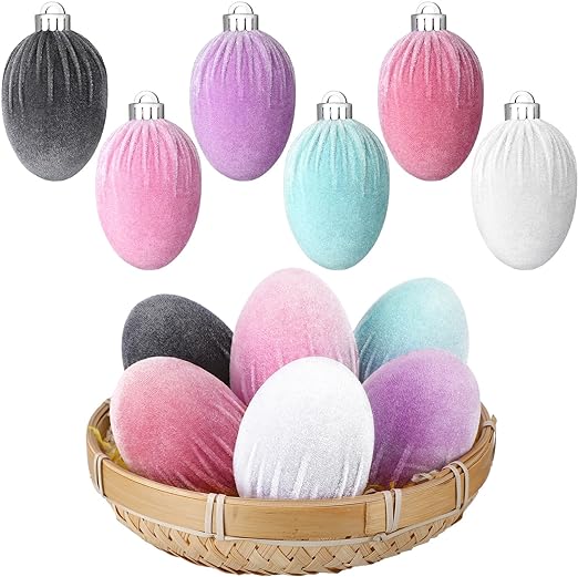 Photo 1 of 12 Pcs Velvet Easter Egg Ornaments 3.94 Inch Easter Hanging Ornaments Easter Birch Tree Ornaments Colorful Velvet Foam Egg Fabric Eggs Spring Decor for Easter Holiday Party Favors
