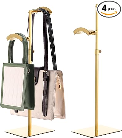 Photo 1 of 2 Pcs Stainless Steel Purse Display Stand Adjustable Height Handbag Display Stand Double Hanging Hook Handbag Holder Purse Hanger Stand Jewelry Display Rack for Boutique Store (Gold)
