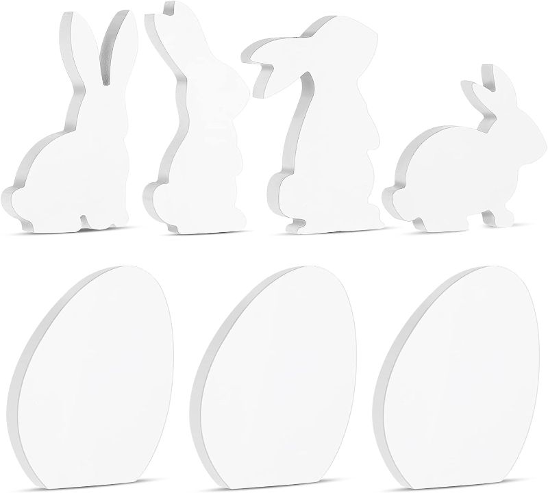 Photo 1 of 2 pack Easter Table Wooden Decorations Bunny Decor Spring Easter Egg Table Centerpiece Signs Farmhouse Easter Wooden Ornaments Bunny Table Decor Wooden Craft Ornament for Office Home (Pure Style)
