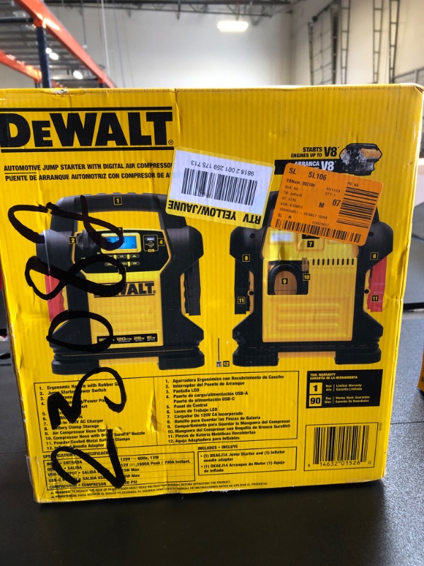 Photo 3 of DEWALT DXAEJ14-Type2 Digital Portable Power Station Jump Starter - 1600 Peak Amps with 120 PSI Compressor, AC Charging Cube, 15W USB-A and 25W USB-C Power for Electronic Devices 1600 Amps