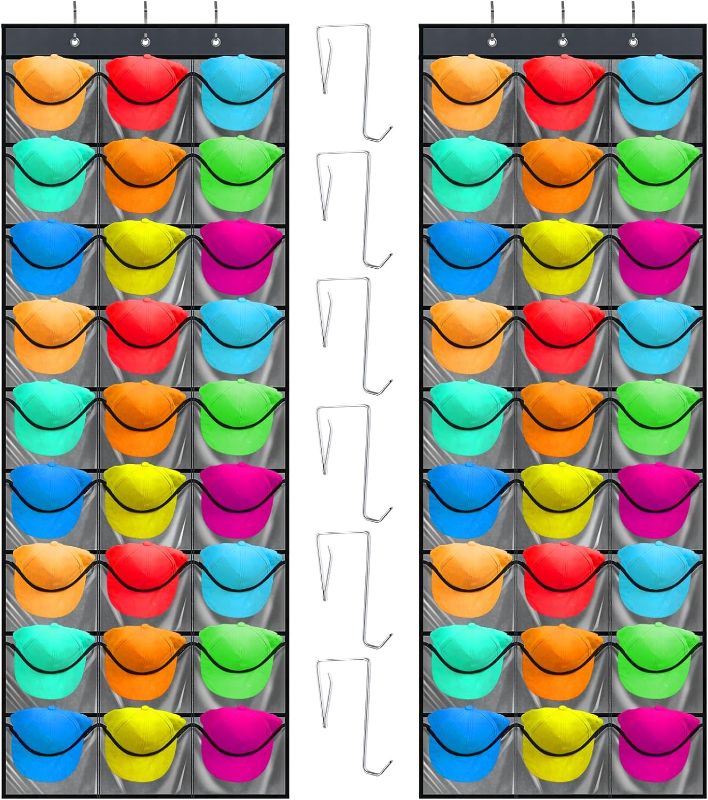 Photo 1 of 2 Pcs 27 Large Pockets Hat Organizer 26.77 x 70.08 Inch Hat Rack Baseball Cap Holder Over The Door Cap Organizer with Visible Deep Pocket and 3 Hooks for Baseball Golf Sports Caps
