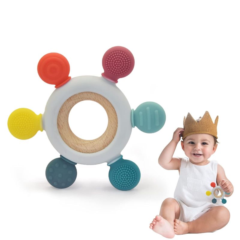 Photo 1 of Baby Teething Toys-Silicone Boat Rudder Baby Teether Toys,Removable Wooden Ring,Relief Soothe Babies Gums, Teethers for Babies 0-24 Months?6 Directions
