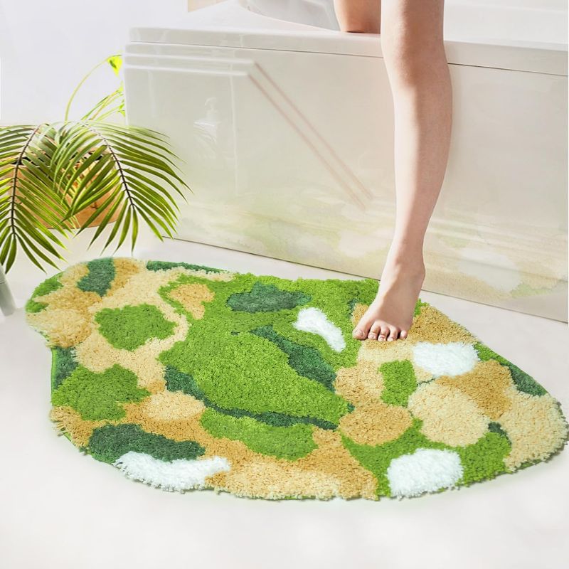 Photo 1 of Green Moss Bathroom Rugs sharg Cute Leaf Bath Mat for Bathroom Microfiber Water Absorbent Aesthetic Non Slip Soft Microfiber Boho Plush Rug for Shower, 32×20 Inch
