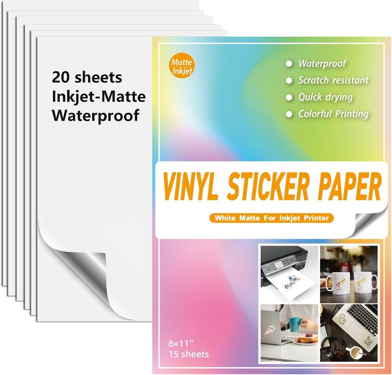 Photo 1 of Waterproof Printable Vinyl Stickers Paper for Inkjet Printer- 20 Matte White Decal Paper Cricut Sheets A4 - Holds Ink Beautifully & Dries Quickly

