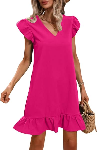 Photo 1 of Medium Vrtige Women's Casual V Neck Frill Cap Sleeve Ruffle Flowy Hem Mini Short Swing Dress
