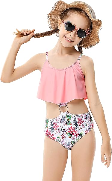 Photo 1 of 7-8Y Girls One Piece Swimsuit Ring Linked Cute Swimwear Adjustable Strap Floral Beach Bathing Suit 3-12 Years
