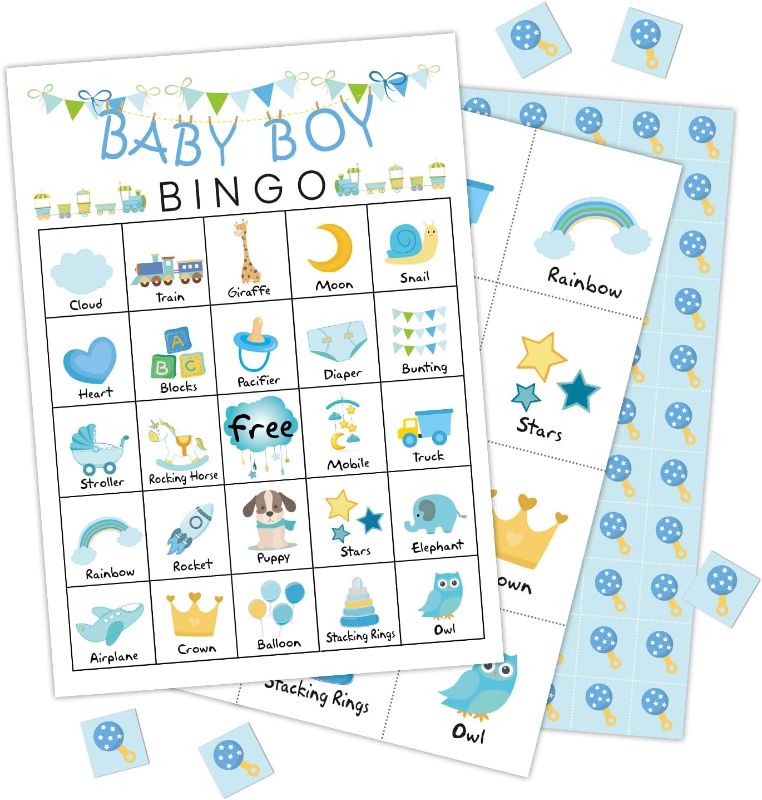 Photo 1 of Baby Boys Bingo Game for Baby Shower Games, Gender Reveal Party Supplies, Blue Baby Shower Game, Kids Bingo Game Cards for 24 People - GAME-01
