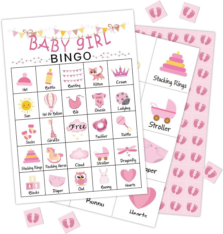 Photo 1 of Baby Girls Bingo Game for Baby Shower Games, Gender Reveal Party Supplies, Pink Baby Shower Game, Kids Bingo Game Cards for 24 People - GAME-02
