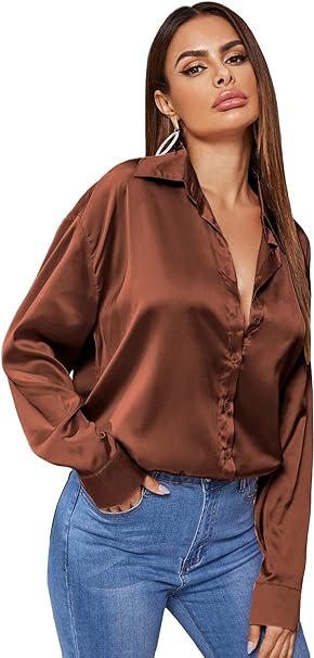 Photo 1 of Medium SOLY HUX Women's Satin Silk Long Sleeve Button Down Shirt Office Work Blouse Top
