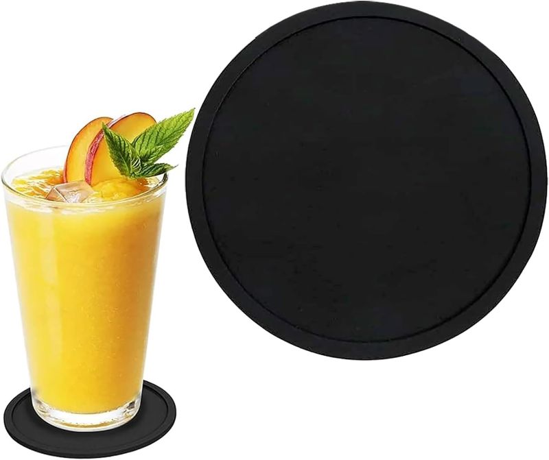 Photo 1 of Pack Non-Slip Silicone Coasters for Drinks, Round Black Coasters with Deep Tray Grooved Design Cup Mat, Washable Heat Resistant Durable Coasters for Coffee Table Office Desk Kitchen Bar