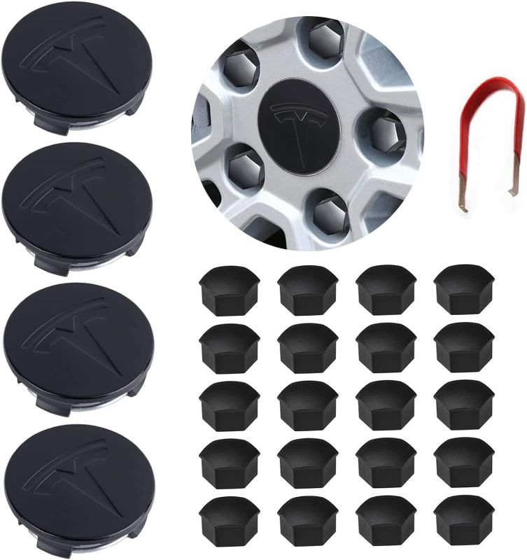 Photo 1 of KENPENRI Aerodynamic Wheel Cap Kit Compatible with Tesla 3, Y, S & X - 4 x Center Cap Set & 20 Wheel Lug Nut Cover - Matte Black