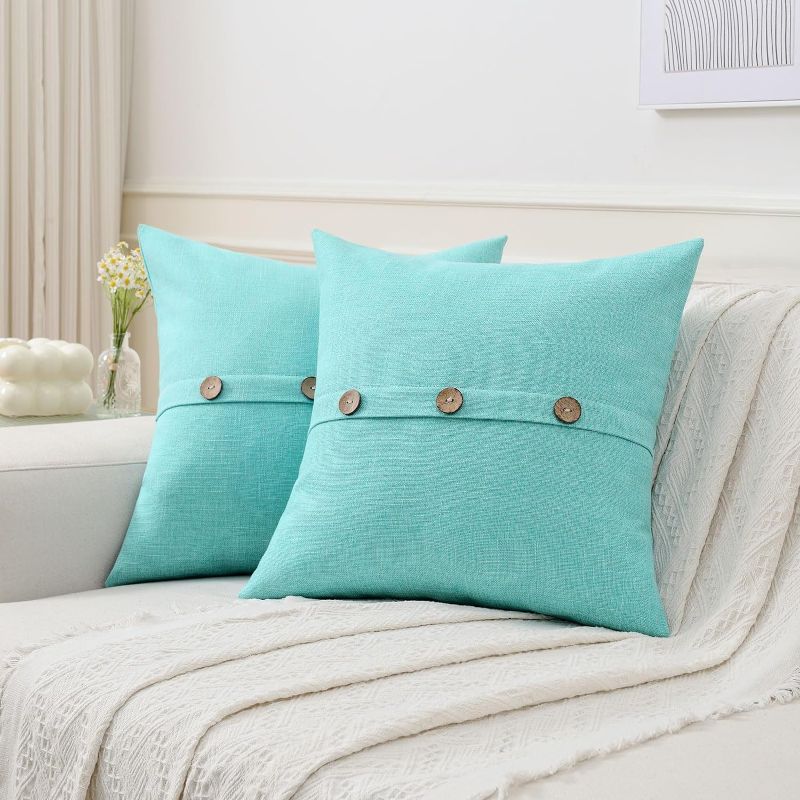 Photo 1 of Ikuoic Turquoise Linen Decorative Throw Pillow Covers 20x20 Inch Set of 2, Square Cushion Case with 3 Vintage Buttons/Hidden Zipper,Modern Farmhouse Home Decor for Couch,Bed
