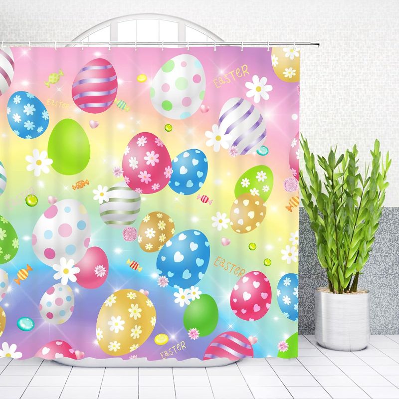 Photo 1 of Easter Eggs Shower Curtains Spring Colorful Bathroom Curtains Decoration Fabric Waterproof Washable Bathroom Bathtubs Shower Curtains with Hooks for Home Doorway Curtains Gift, 72x72inch
 