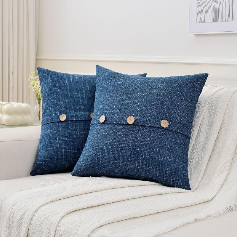 Photo 1 of Ikuoic Navy Blue Linen Decorative Throw Pillow Covers 20x20 Inch Set of 2, Square Cushion Case with 3 Vintage Buttons/Hidden Zipper,Modern Farmhouse Home Decor for Couch,Bed
 