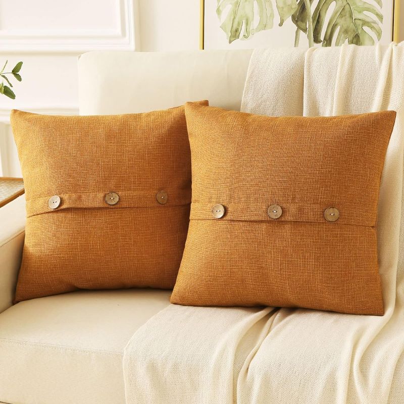 Photo 1 of HAUSSY Burnt Orange Linen Decorative Throw Pillow Covers 24x24 Inch Set of 2, Square Euro Cushion Case with 3 Vintage Buttons,Modern Farmhouse Home Decor for Couch,Bed
 